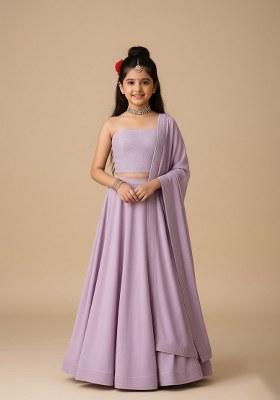 Girls Lilac Embroidered Blouse Silk Lehenga Set