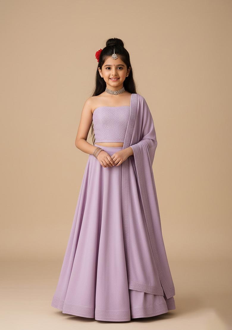 Girls Lilac Embroidered Blouse Silk Lehenga Set