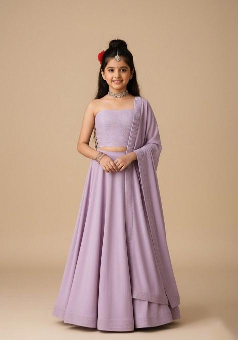 Girls Lilac Embroidered Blouse Silk Lehenga Set