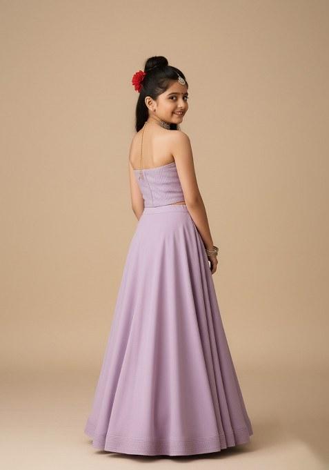 Girls Lilac Embroidered Blouse Silk Lehenga Set