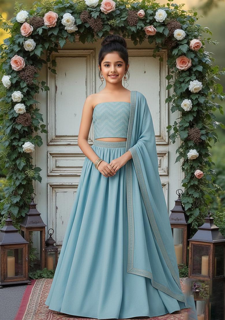 Girls Sky Blue Embroidered Blouse Silk Lehenga Set - Indya