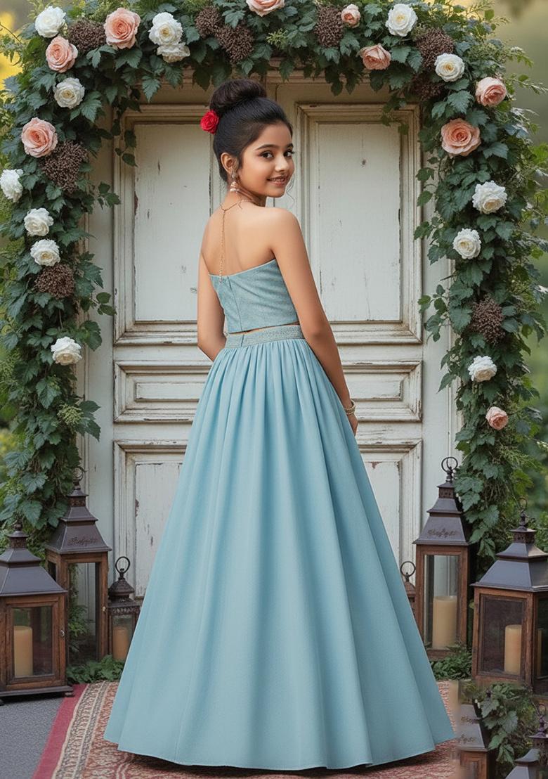 Girls Sky Blue Embroidered Blouse Silk Lehenga Set