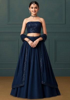 Girls Navy Blue Embroidered Blouse Silk Lehenga Set