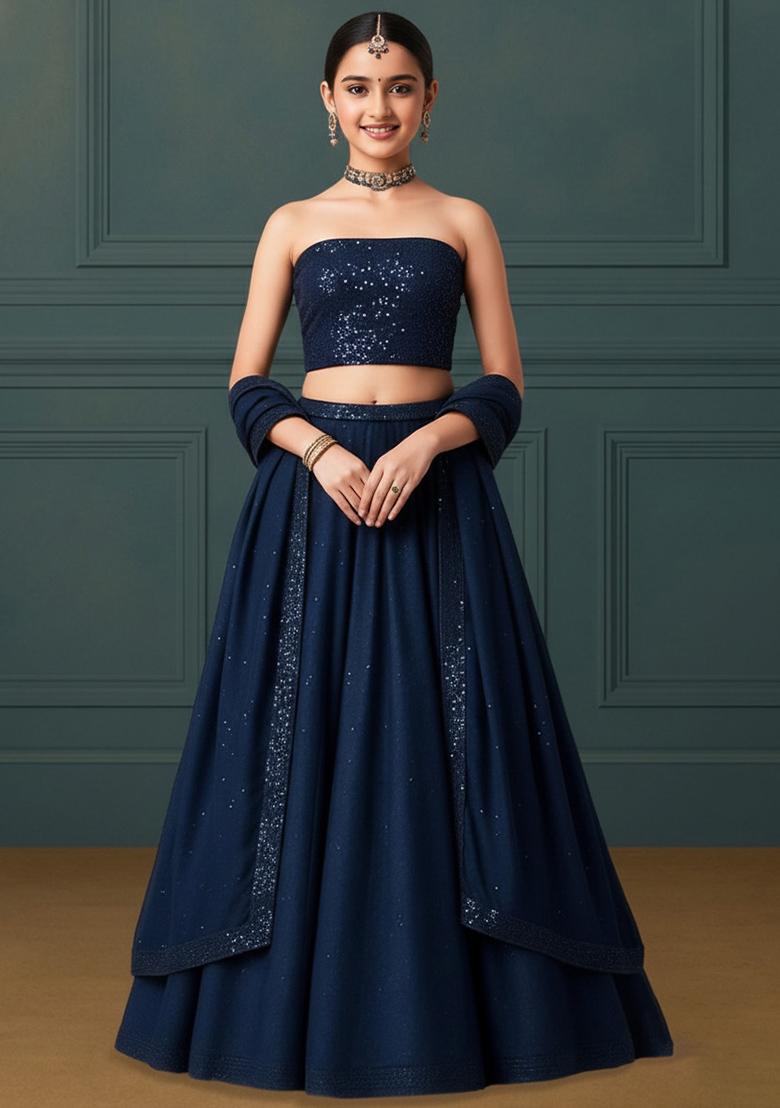Girls Navy Blue Embroidered Blouse Silk Lehenga Set