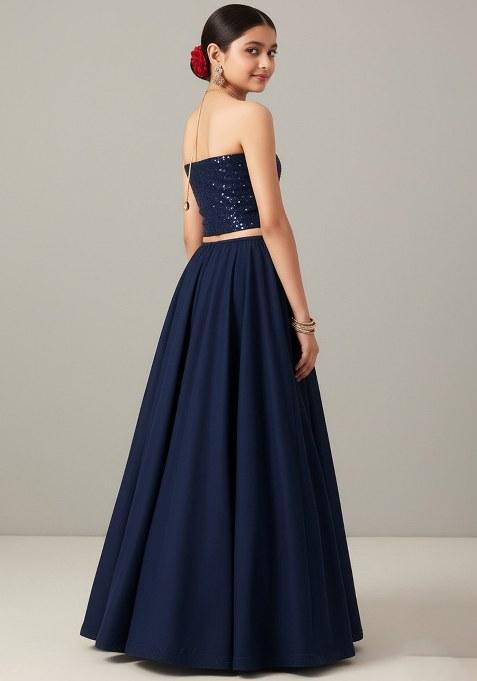 Girls Navy Blue Embroidered Blouse Silk Lehenga Set