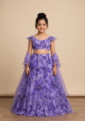 Girls Purple Printed Embroidered Organza Lehenga Set