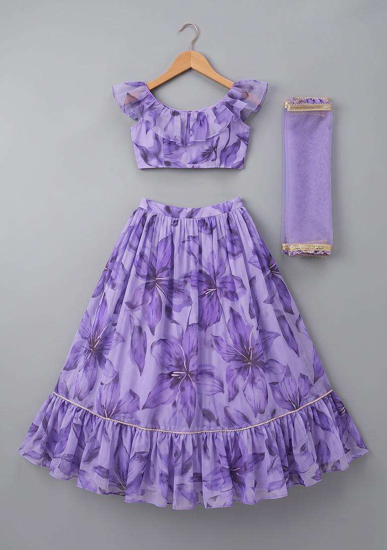 Girls Purple Printed Embroidered Organza Lehenga Set - Indya