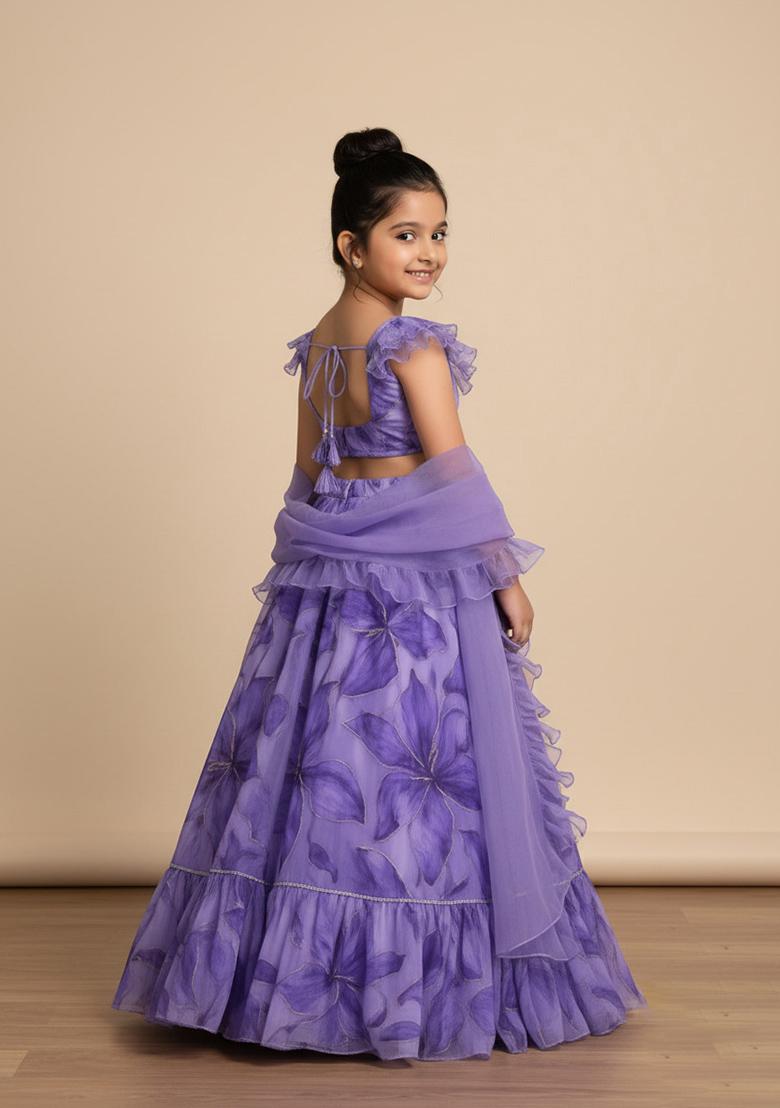 Girls Purple Printed Embroidered Organza Lehenga Set - Indya
