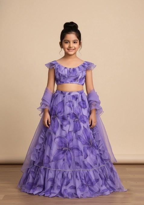Girls Purple Printed Embroidered Organza Lehenga Set