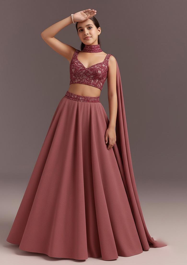 Girls Mauve Sequin Blouse Georgette Lehenga Set