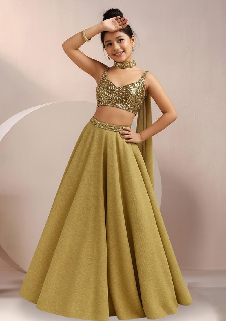 Girls Golden Sequin Blouse Georgette Lehenga Set
