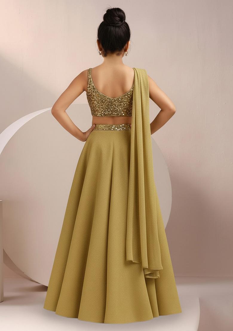 Girls Golden Sequin Blouse Georgette Lehenga Set - Indya