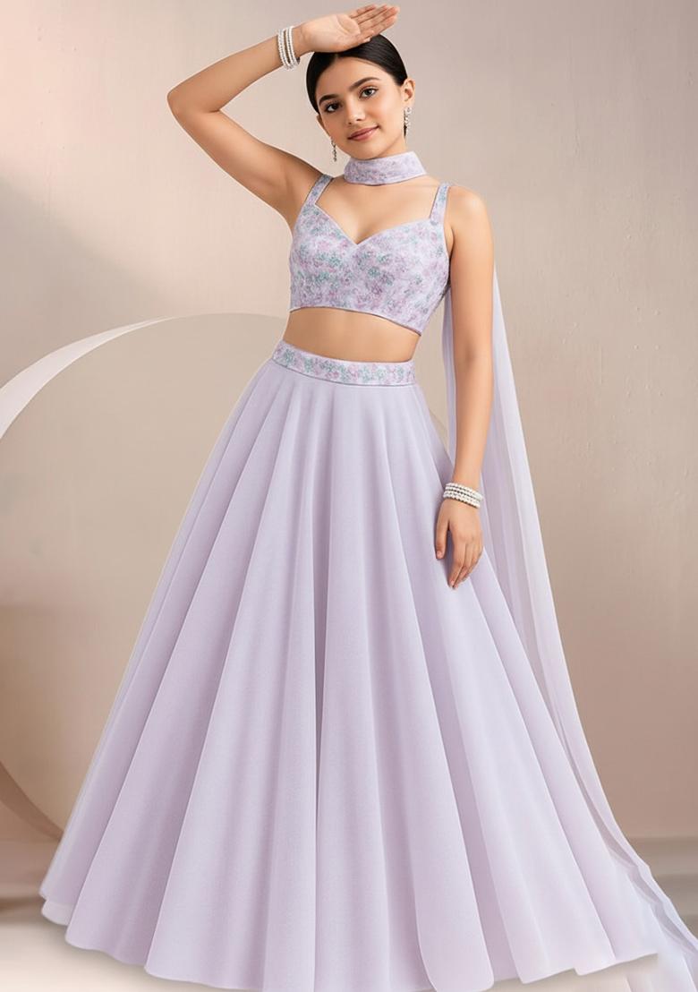 Girls Lilac Embroidered Blouse Georgette Lehenga Set