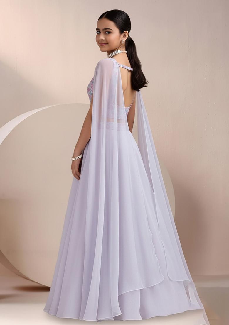 Girls Lilac Embroidered Blouse Georgette Lehenga Set - Indya