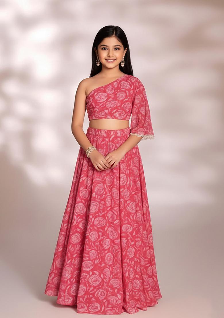 Girls Pink Floral Printed Chinon Lehenga Set
