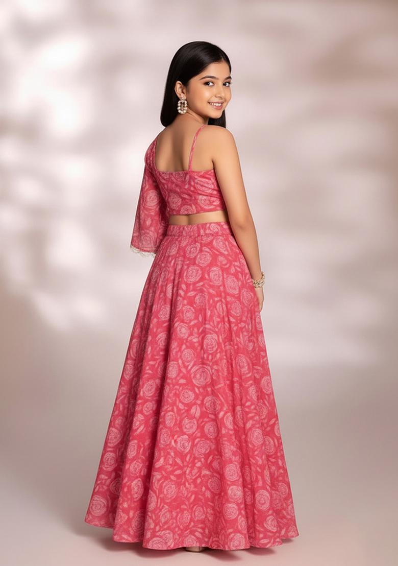 Girls Pink Floral Printed Chinon Lehenga Set - Indya