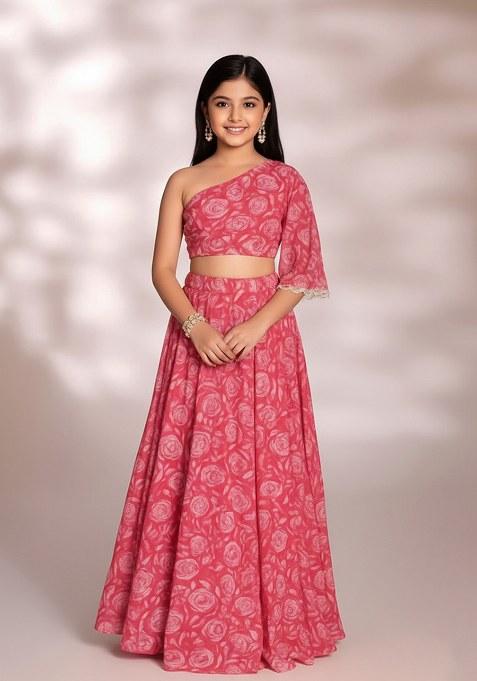 Girls Pink Floral Printed Chinon Lehenga Set