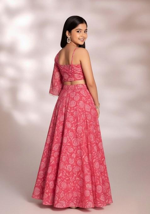 Girls Pink Floral Printed Chinon Lehenga Set