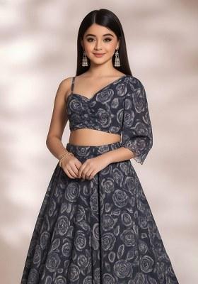Girls Charcoal Grey Floral Printed Chinon Lehenga Set