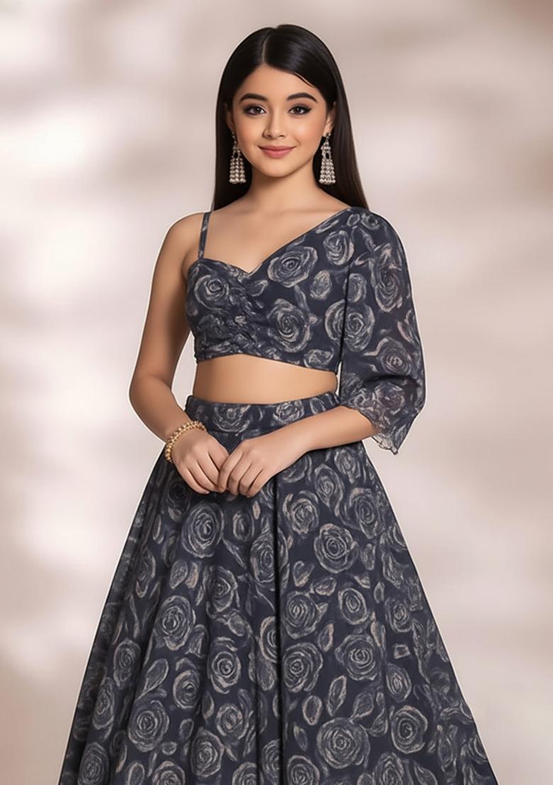 Girls Charcoal Grey Floral Printed Chinon Lehenga Set