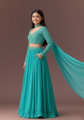 Girls Aqua Blue Embellished Blouse Georgette Lehenga Set