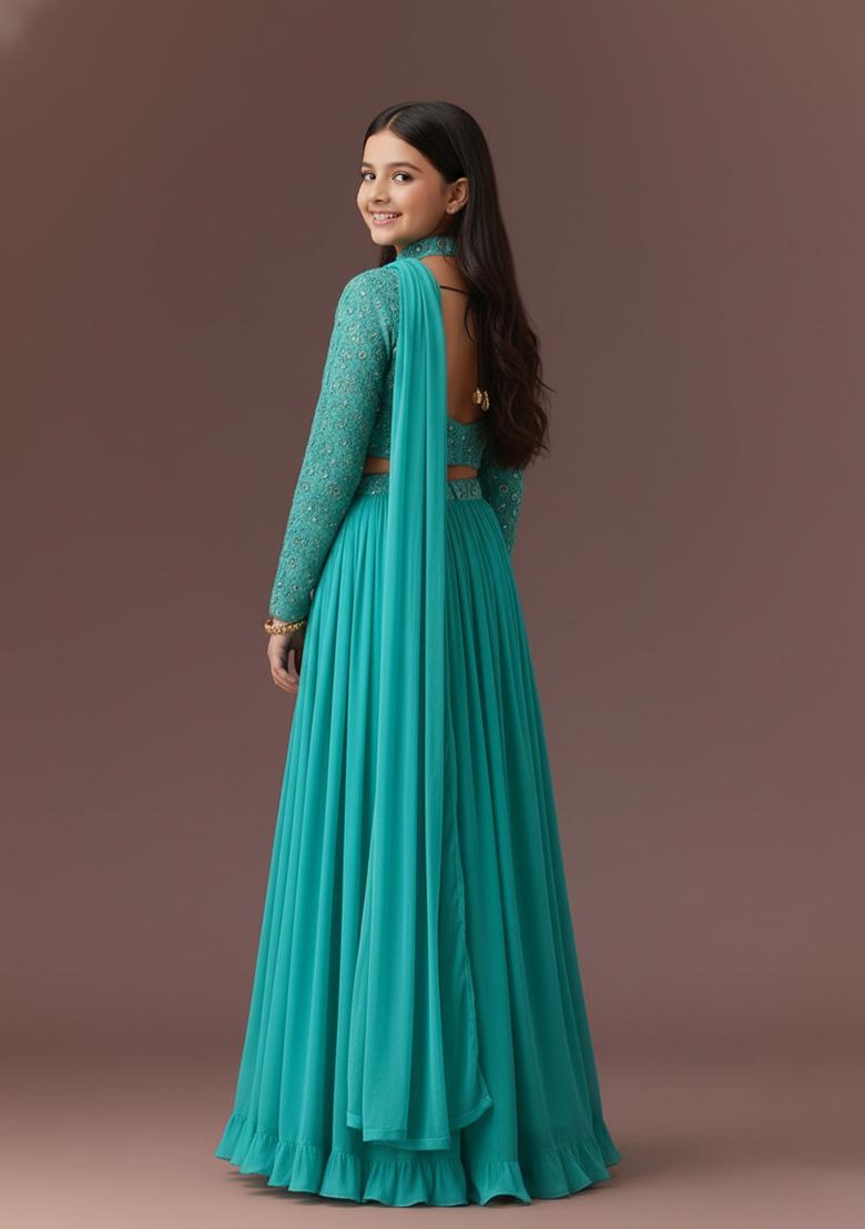 Girls Aqua Blue Embellished Blouse Georgette Lehenga Set - Indya