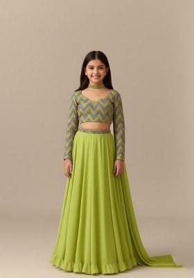 Girls Light Green Embellished Blouse Georgette Lehenga Set