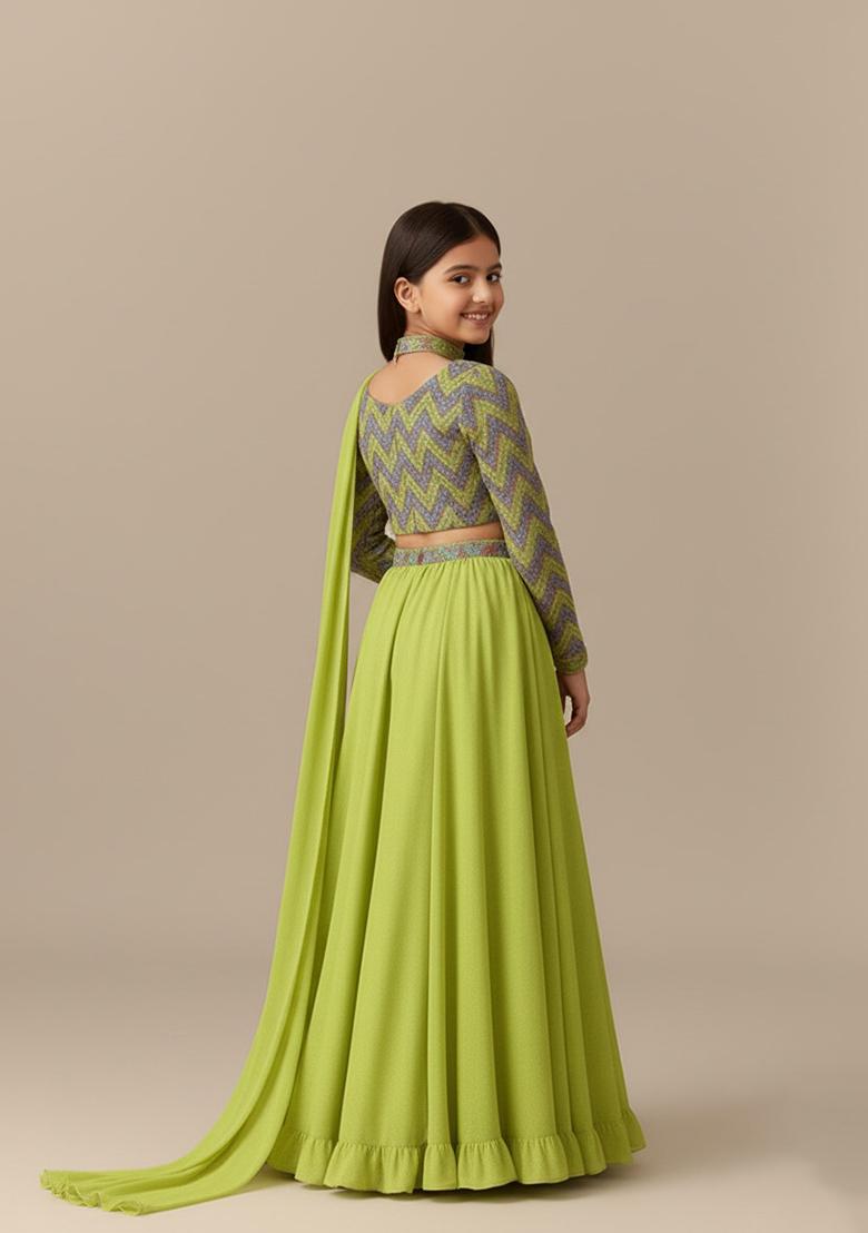Girls Light Green Embellished Blouse Georgette Lehenga Set