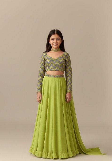 Girls Light Green Embellished Blouse Georgette Lehenga Set