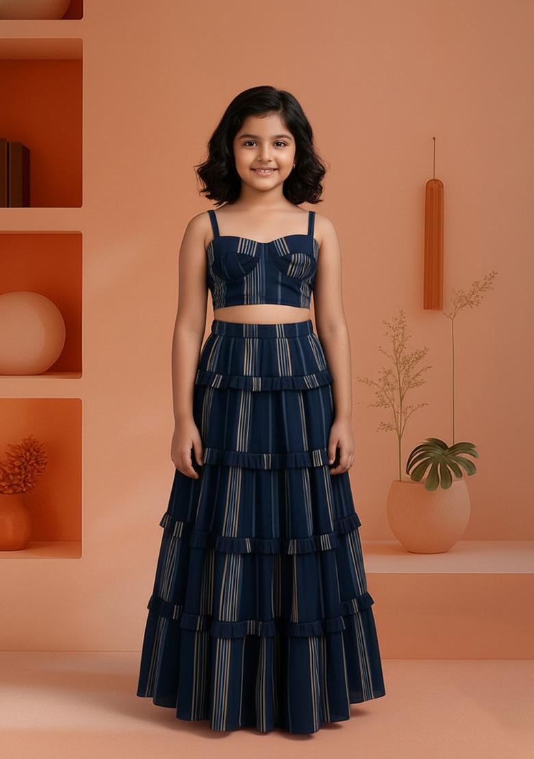 Girls Blue Cotton Stripe Printed Crop Top And Skirt Set