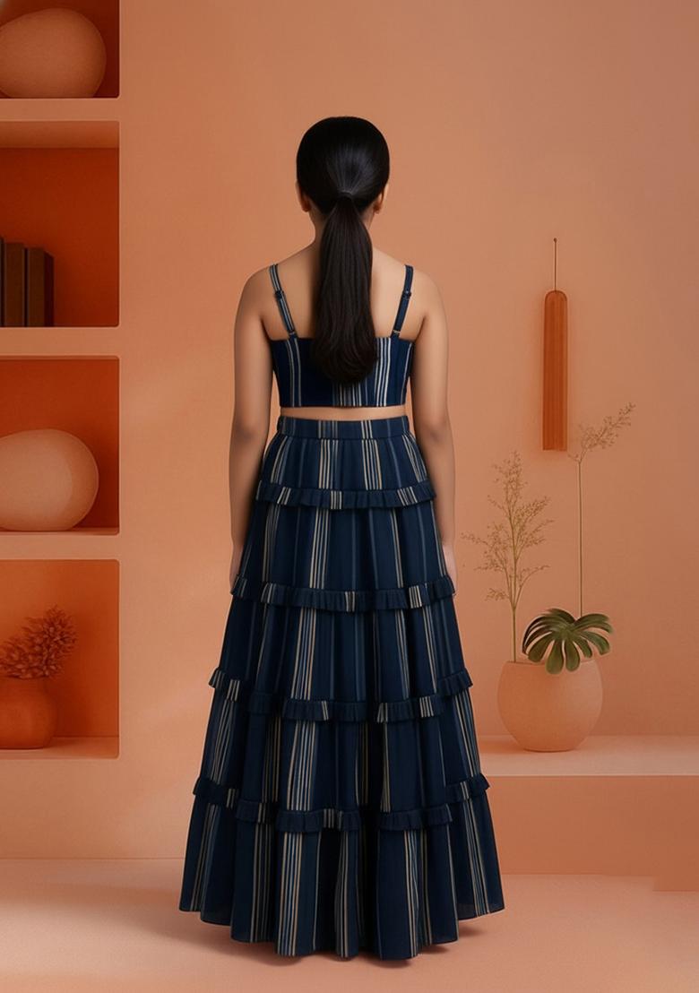 Girls Blue Cotton Stripe Printed Crop Top And Skirt Set