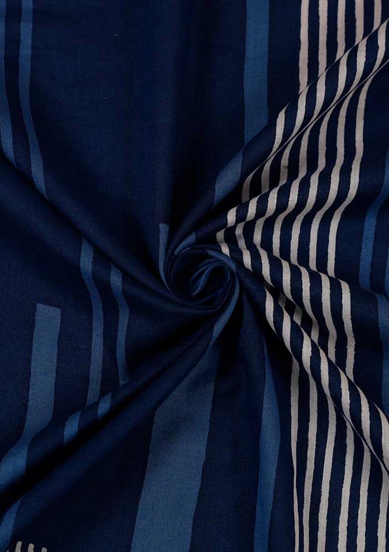 Girls Blue Cotton Stripe Printed Crop Top And Skirt Set