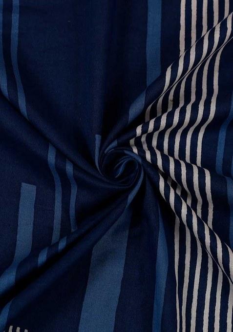 Girls Blue Cotton Stripe Printed Crop Top And Skirt Set