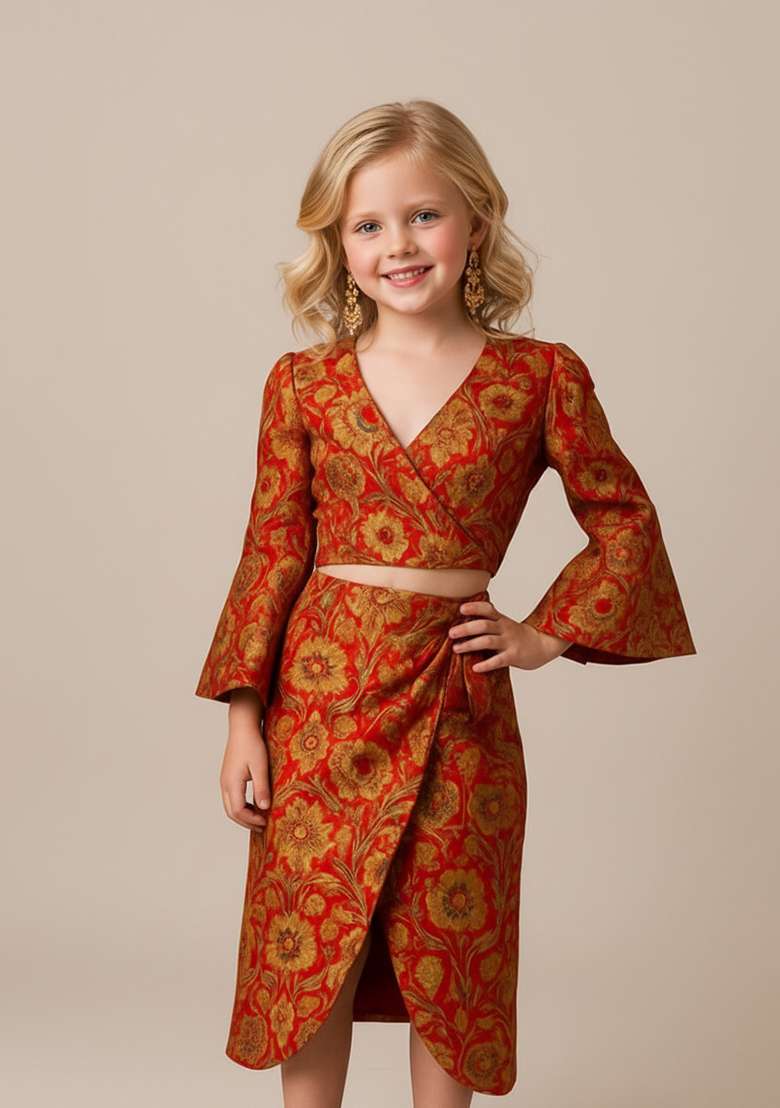 Girls Red Brocade Skirt Set - Indya