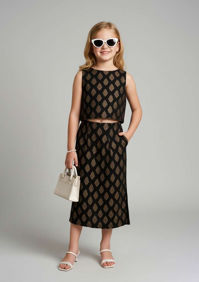 Girls Black Brocade Skirt Set - Indya