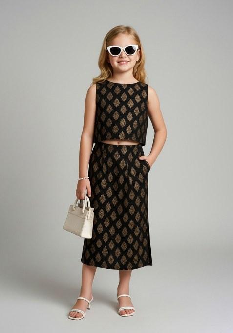 Girls Black Brocade Skirt Set