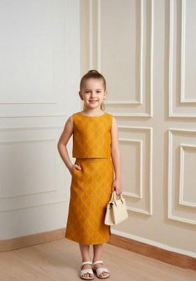 Girls Mustard Yellow Brocade Skirt Set