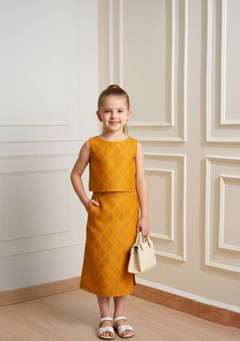 Girls Mustard Yellow Brocade Skirt Set - Indya