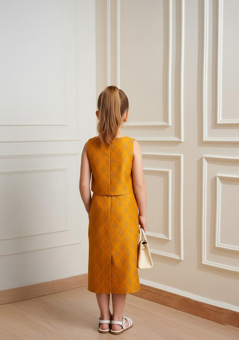 Girls Mustard Yellow Brocade Skirt Set - Indya