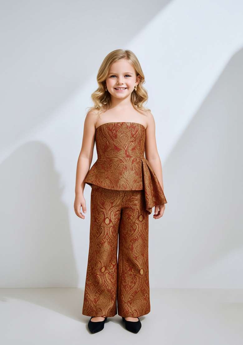 Girls Brown And Golden Brocade Co-Ord Set - Indya