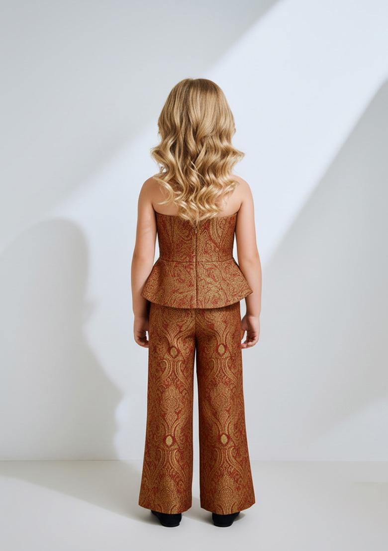 Girls Brown And Golden Brocade Co-Ord Set - Indya