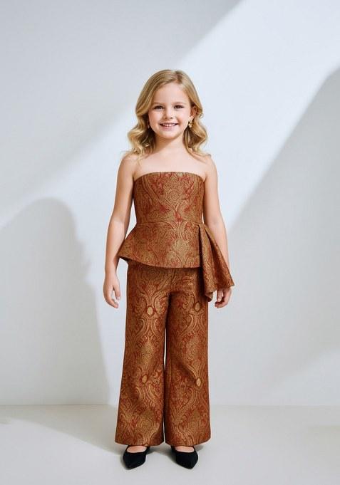 Girls Brown And Golden Brocade Co-Ord Set