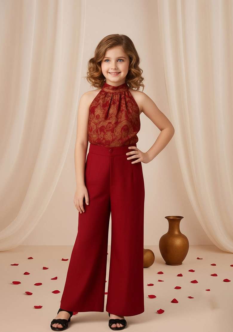 Girls Maroon Brocade Co-Ord Set - Indya