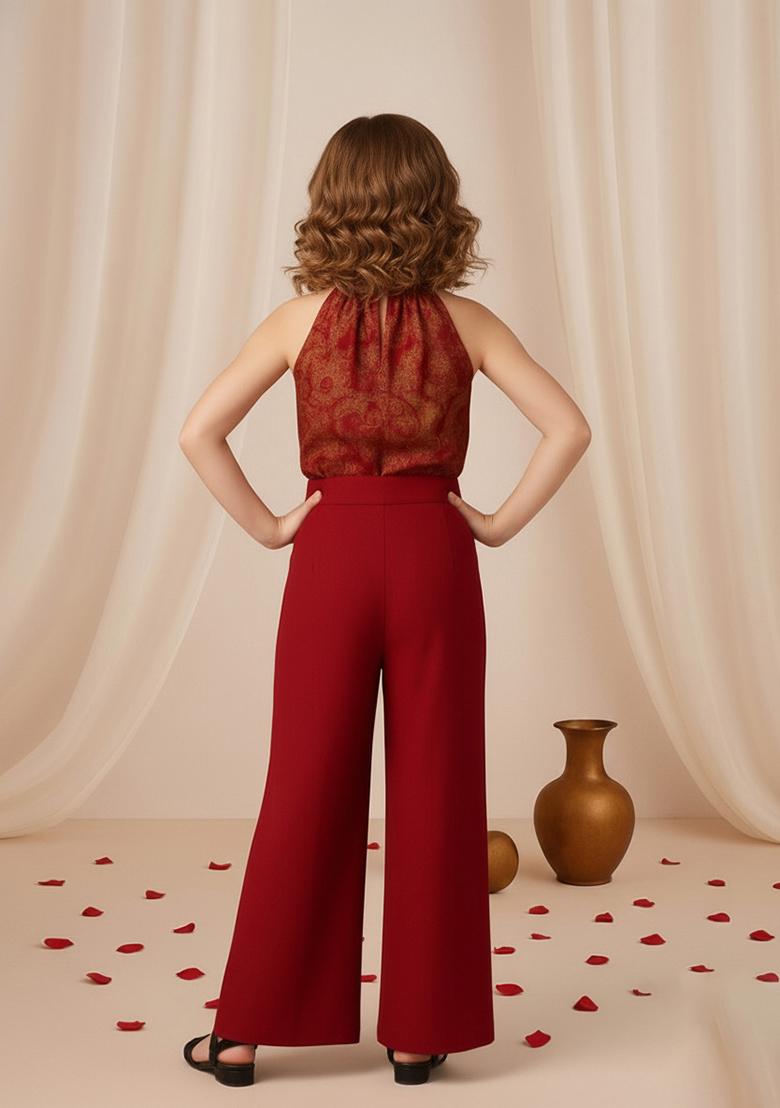 Girls Maroon Brocade Co-Ord Set - Indya