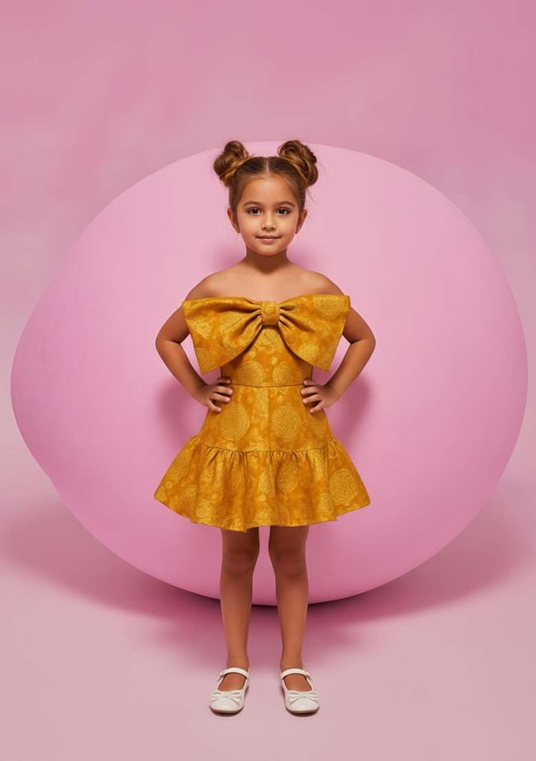 Girls Yellow Brocade Skirt Set - Indya