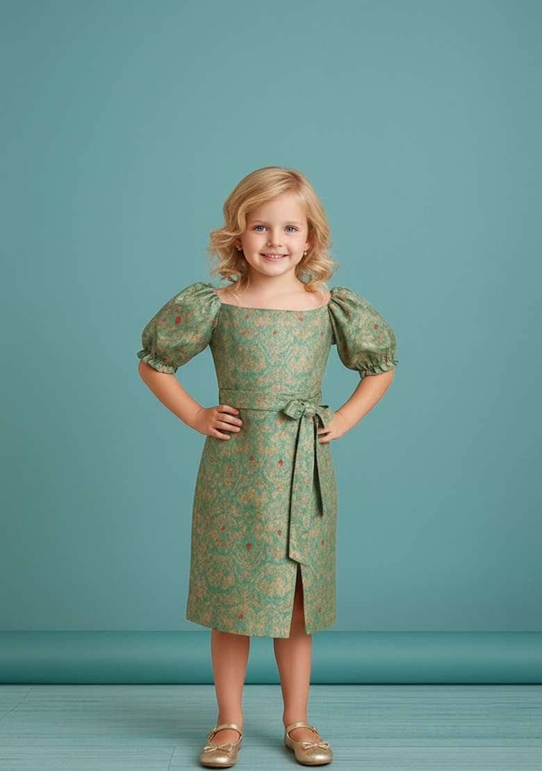 Girls Sea Green Brocade Skirt Set - Indya
