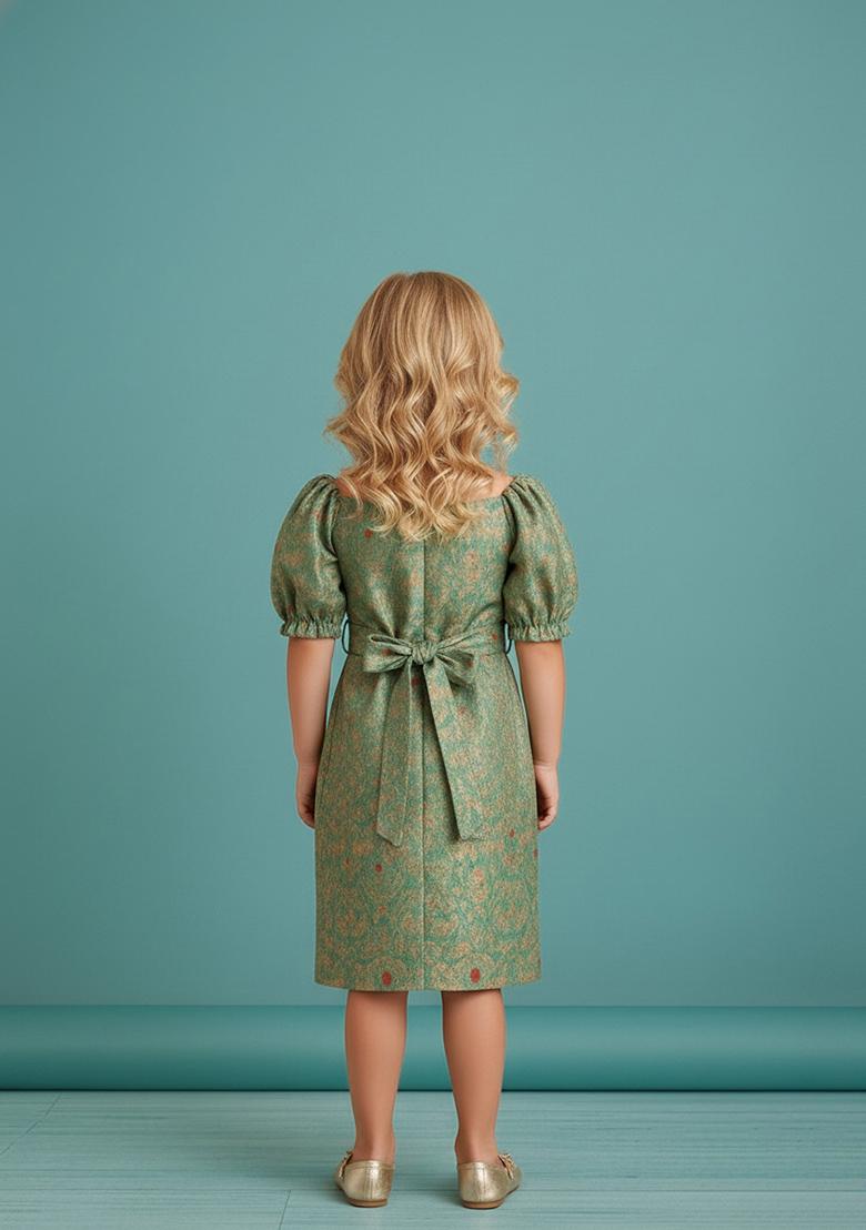 Girls Sea Green Brocade Skirt Set - Indya
