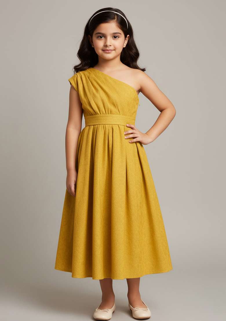 Girls Yellow Georgette Textured Dress - Indya