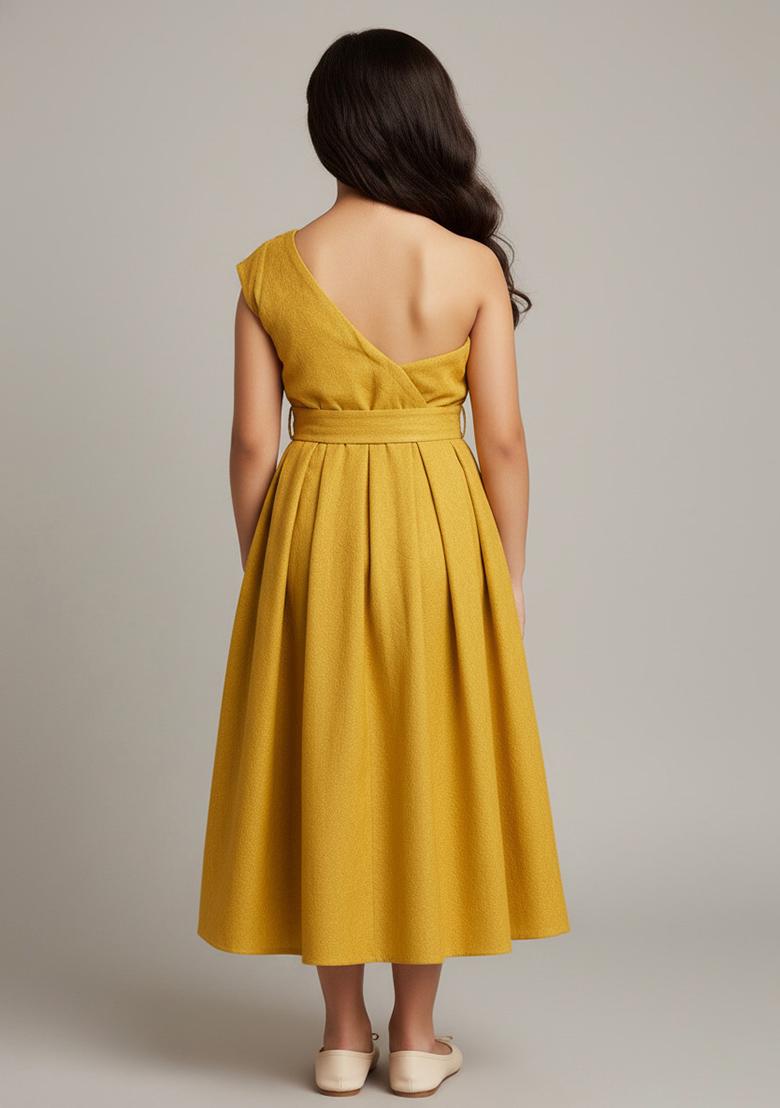 Girls Yellow Georgette Textured Dress - Indya