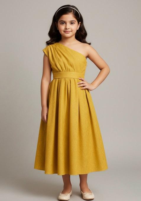 Girls Yellow Georgette Textured Dress